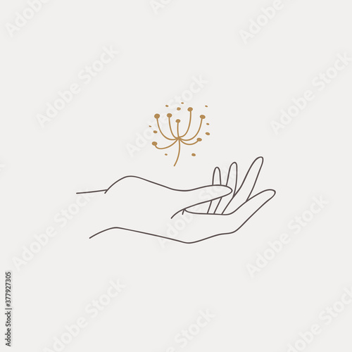 Logo design of hands. Modern template in trendy linear minimal style. Vector abstract emblem, symbol for tattoo design, cosmetics and packaging, jewellery, hand made or beauty products