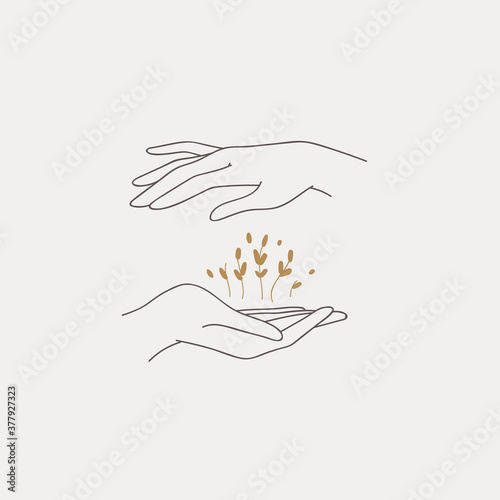Logo design of hands. Modern template in trendy linear minimal style. Vector abstract emblem, symbol for tattoo design, cosmetics and packaging, jewellery, hand made or beauty products