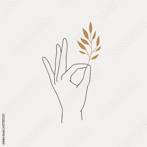 Logo design of hands. Modern template in trendy linear minimal style. Vector abstract emblem, symbol for tattoo design, cosmetics and packaging, jewellery, hand made or beauty products