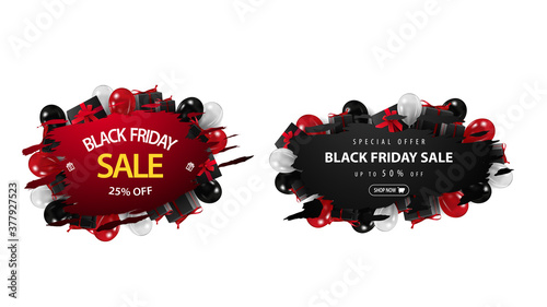 Black friday sale, set red and black discount banners with ragged corners in abstract forms decorated of balloons and presents isolated on white background