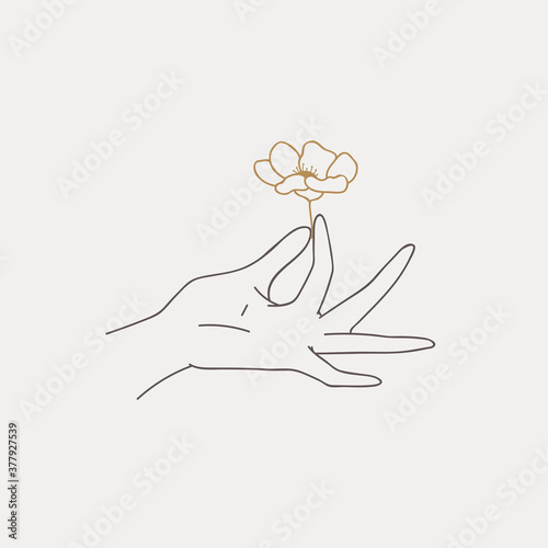 Logo design of hands. Modern template in trendy linear minimal style. Vector abstract emblem, symbol for tattoo design, cosmetics and packaging, jewellery, hand made or beauty products