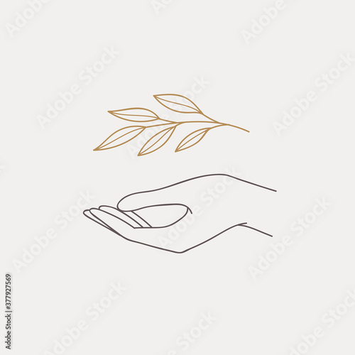 Logo design of hands. Modern template in trendy linear minimal style. Vector abstract emblem, symbol for tattoo design, cosmetics and packaging, jewellery, hand made or beauty products