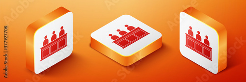 Isometric Jurors icon isolated on orange background. Orange square button. Vector.