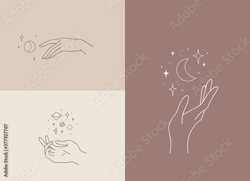 Set of logo designs with hands. Modern template in trendy linear minimal style. Vector abstract emblem