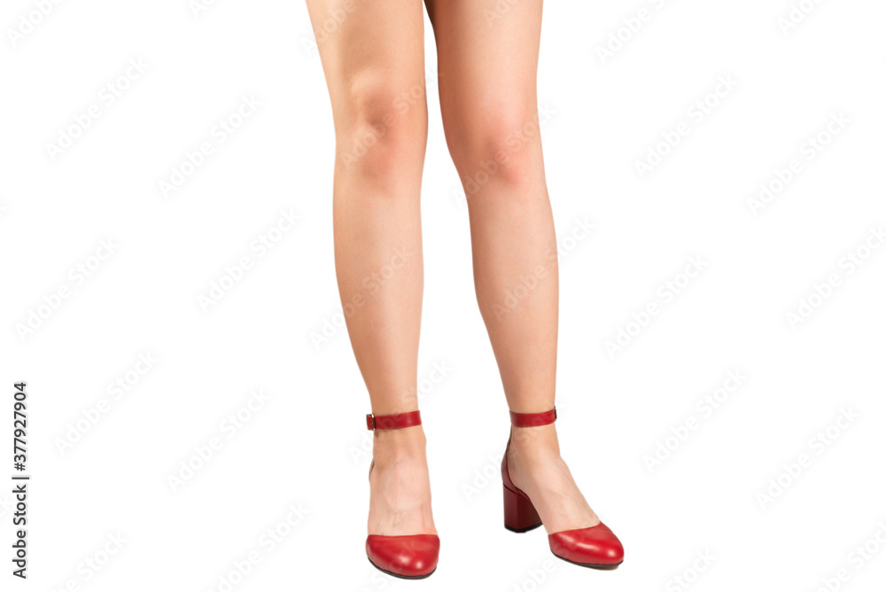 Woman legs in retro red sandals on heels. Woman legs in retro red sandals on heels.