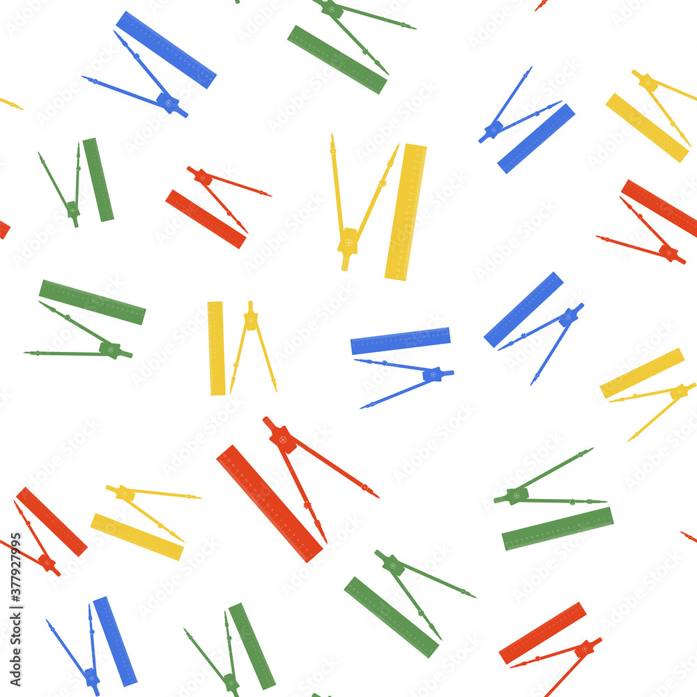 Color Ruler and drawing compass icon isolated seamless pattern on white background. Drawing professional instrument. Geometric equipment. Education sign. Vector. Color Ruler and drawing compass icon isolated seamless pattern on white background. Drawing professional instrument. Geometric equipment. Education sign. Vector.