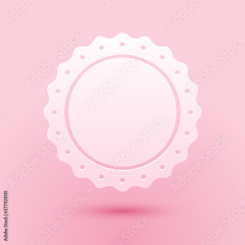 Paper cut Quality emblem icon isolated on pink background. Paper art style. Vector.