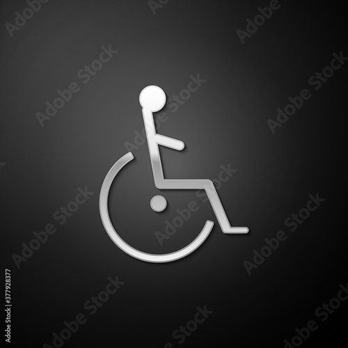 Silver Disabled handicap icon isolated on black background. Wheelchair handicap sign. Long shadow style. Vector.