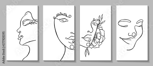 Set linear woman portraits. Continuous linear silhouette of female face. Outline hand drawn of avatars girls. Linear glamour logo in minimal style for beauty salon, makeup artist, stylist.