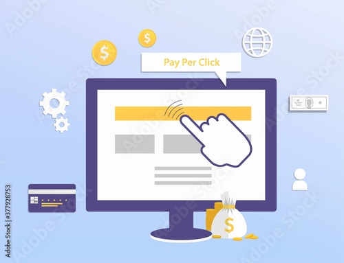 Pay per click marketing vector concept illustration. PPC business or CPC advertising web banner. Cost per click technology background. Pay per click, PPC advertising