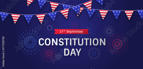 Constitution Day banner template with fireworks and garland with flags on blue background. September 17th Citizenship Day in USA. - Vector