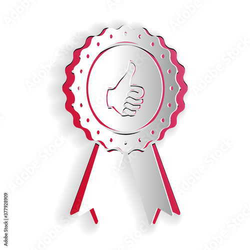 Paper cut Thumbs up on medal badge with ribbons icon isolated on white background. Paper art style. Vector.