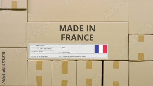 MADE IN FRANCE text and flag label on the carton in a storage