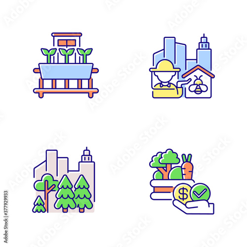 Fototapeta Naklejka Na Ścianę i Meble -  Urban agriculture production RGB color icons set. City forest. Public park. Affordable food. Vegetable for sale. Buy veggie. Balcony garden at home. Urban beekeeping. Isolated vector illustrations
