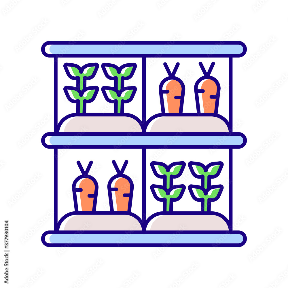 Vertical farm RGB color icon. Artificial gardening. Agriculture production. Grow vegetable. Cultivate roots and plants. Agribusiness production. Greenhouse system. Isolated vector illustration