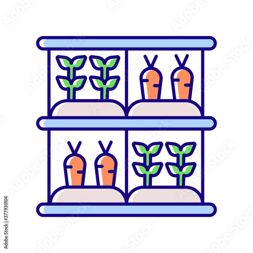 Vertical farm RGB color icon. Artificial gardening. Agriculture production. Grow vegetable. Cultivate roots and plants. Agribusiness production. Greenhouse system. Isolated vector illustration
