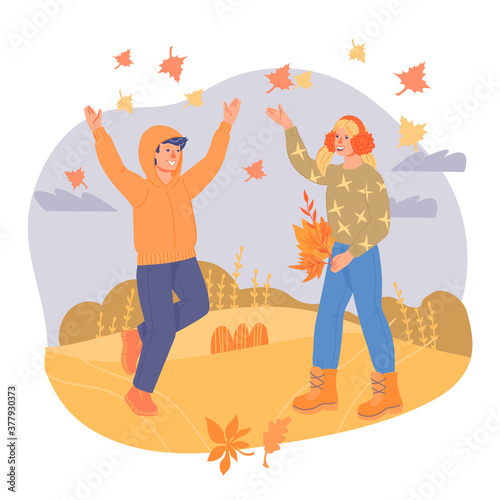 Happy kids teenagers in autumn clothes playing with yellow leaves, flat vector illustration on white background. Autumn or fall season banner with children.