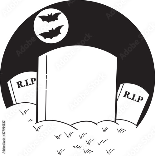 Black and white illustration of three gravestones in a graveyard under a full moon with flying bats.