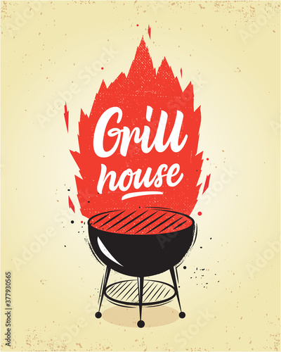 Grill house.Hand letteringr label, card, emblem or logo template.