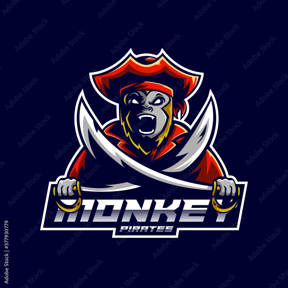 Mascot logo e-sport monkey pirates with pirate hat. monkey mascot logo holding two swords crossed Mascot logo e-sport monkey pirates with pirate hat. monkey mascot logo holding two swords crossed