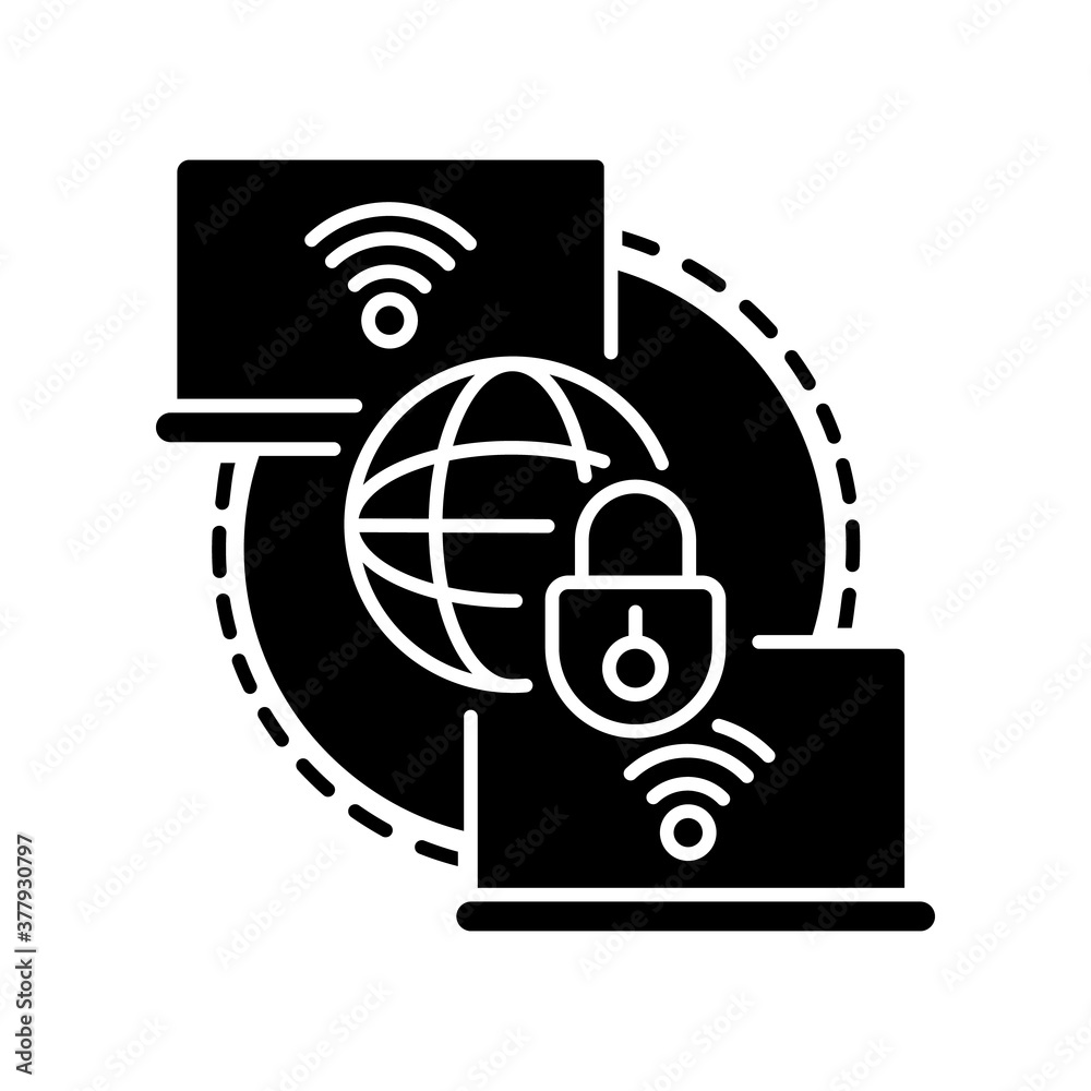 Private WAN black glyph icon. Secure home network. Safe global internet connection for remote office. Connection between laptops. Silhouette symbol on white space. Vector isolated illustration