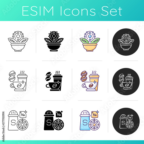 Dietary icons set. Antioxidant for green tea leaf. Caffeine in coffee. Sodium component. Salt condiment. Food groups. Linear, black and RGB color styles. Isolated vector illustrations