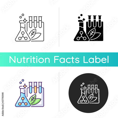 Preservatives icon. Science research for foodstuff conservation. Chemical substance for food preservation. Flask with liquid. Linear black and RGB color styles. Isolated vector illustrations