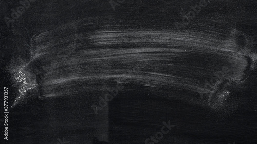 Blackboard with white chalk smeared on it. Empty black chalkboard. School board background with traces of chalk.