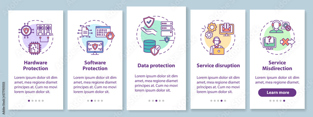 Cyber security onboarding mobile app page screen with concepts. Hardware, software, data protection walkthrough 5 steps graphic instructions. UI vector template with RGB color illustrations
