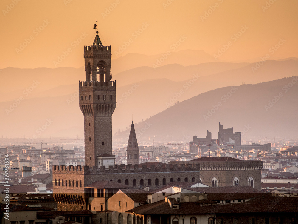 Italia, Toscana, la città di Firenze. La Torre di Arnolfo e Palazzo Vecchio.
