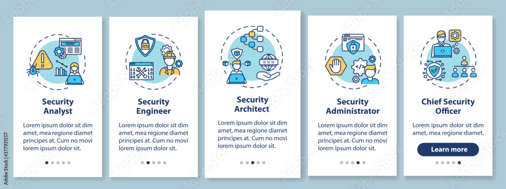 Cybersecurity career onboarding mobile app page screen with concepts. Analyst, engineer, architect walkthrough 5 steps graphic instructions. UI vector template with RGB color illustrations
