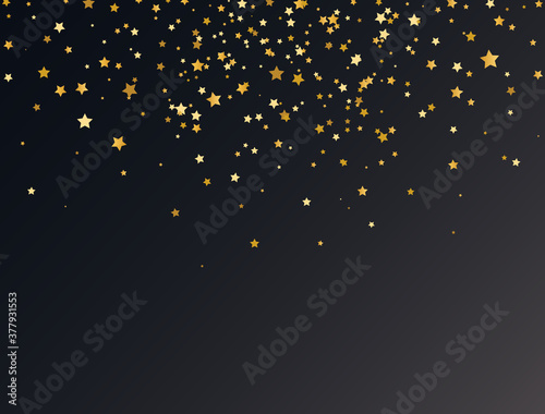 Magic golden flying stars on dark background. Luxury gold Christmas star frame. Elegant design elements for holiday. Xmas ornament. Greeting card. Vector illustration