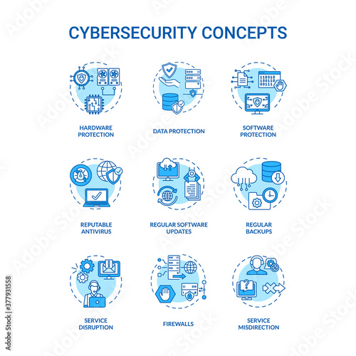 Cybersecurity concept icons set. Databases protection idea thin line RGB color illustrations. Regular backups. Firewalls. Service misdirection. Vector isolated outline drawings. Editable stroke