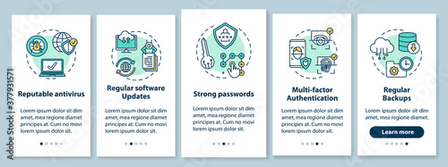Device protection onboarding mobile app page screen with concepts. Antivirus, software update, passwords walkthrough 5 steps graphic instructions. UI vector template with RGB color illustrations