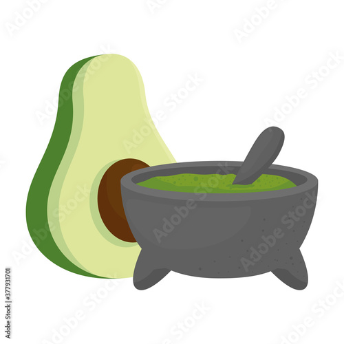guacamole in bowl with fresh avocado, in white background vector illustration design