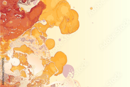 Yellow, red and gold stone marble texture. Alcohol ink technique abstract vector background. Modern paint in natural colors with glitter. Template for banner, poster design. Fluid art painting