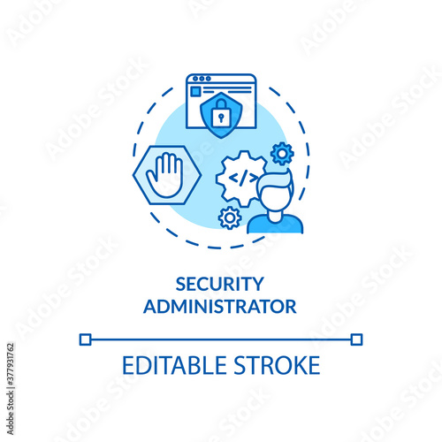 Security administrator concept icon. Cybersecurity job idea thin line illustration. Databases securing. Suspicious activity monitoring. Vector isolated outline RGB color drawing. Editable stroke
