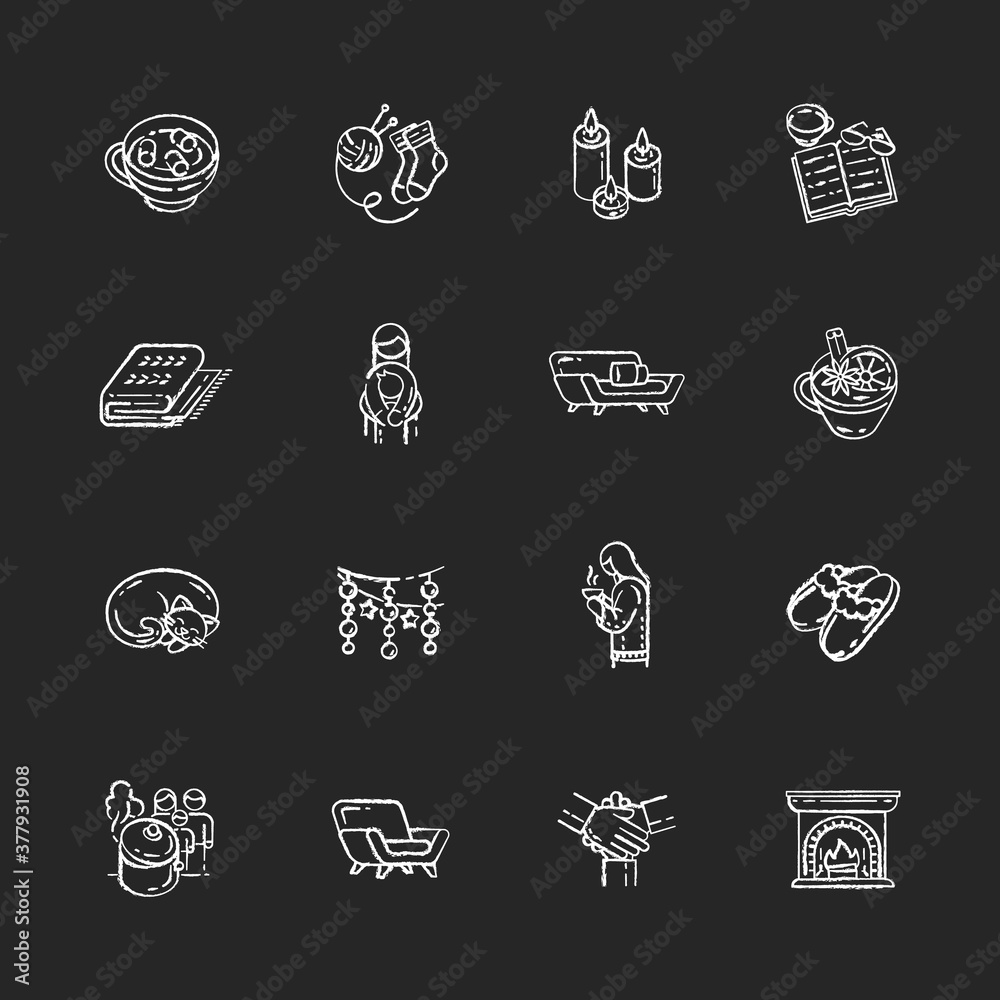 Cozy danish trend chalk white icons set on black background. Scandinavian christmas hygge. Welcoming atmosphere. New Year decoration ideas. Isolated vector chalkboard illustrations Cozy danish trend chalk white icons set on black background. Scandinavian christmas hygge. Welcoming atmosphere. New Year decoration ideas. Isolated vector chalkboard illustrations