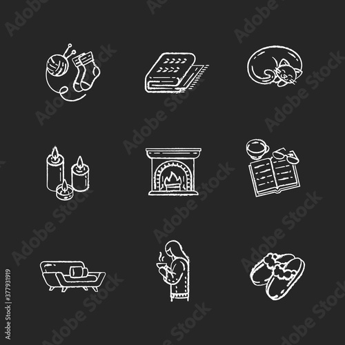 Hygge home chalk white icons set on black background. Life simple pleasures. Increasing coziness feeling in house. Comfortable conviviality. Home decor. Isolated vector chalkboard illustrations