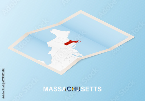 Folded paper map of Massachusetts with neighboring countries in isometric style.