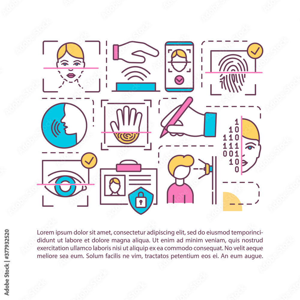 Types of biometrics concept icon with text. Identification, facial recognition, personal verification. PPT page vector template. Brochure, magazine, booklet design element with linear illustrations