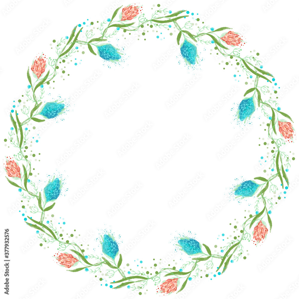 Wreath with elegant blue and pink flowers
Wreath with elegant blue and pink flowers