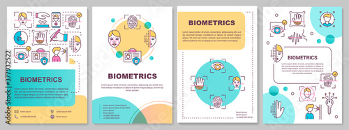 Biometrics security system brochure template. Face recognition. Flyer, booklet, leaflet print, cover design with linear icons. Vector layouts for magazines, annual reports, advertising posters