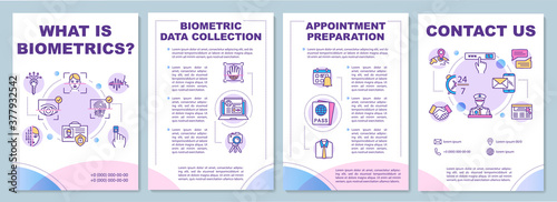 What is biometrics brochure template. Data collection. Flyer, booklet, leaflet print, cover design with linear icons. Vector layouts for magazines, annual reports, advertising posters