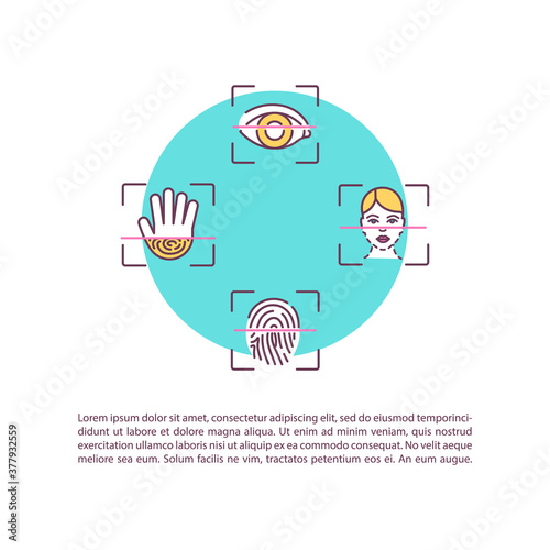 Identification concept icon with text. Types of biometrics. Retinal scan, fingerprint. PPT page vector template. Brochure, magazine, booklet design element with linear illustrations