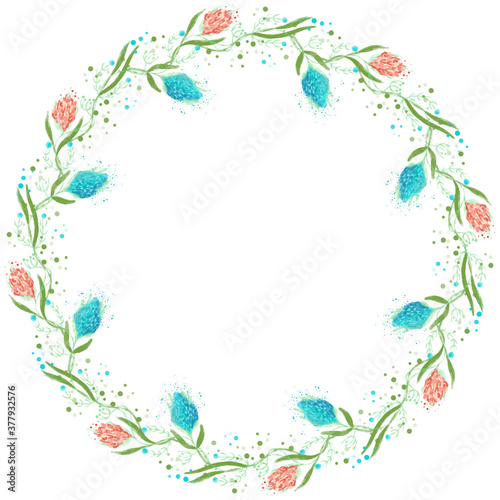 Wreath with elegant blue and pink flowers
