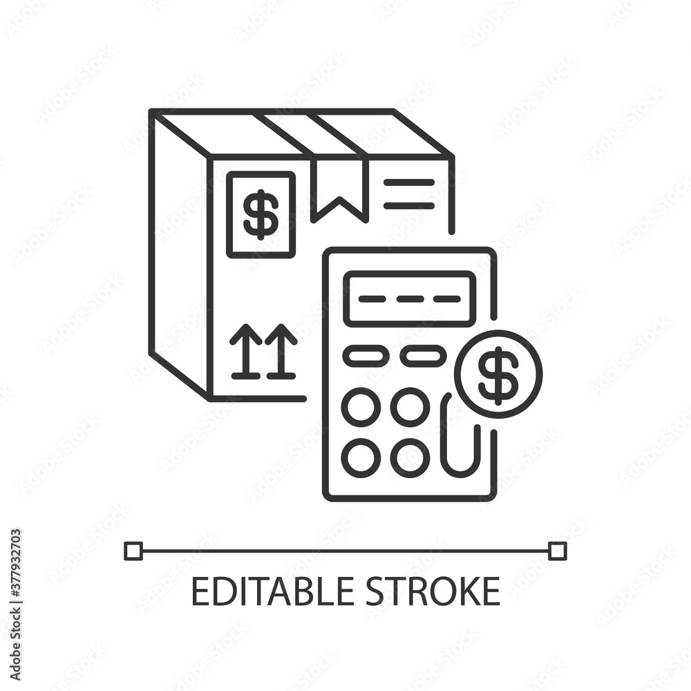 Calculating cargo price linear icon. Postal service thin line