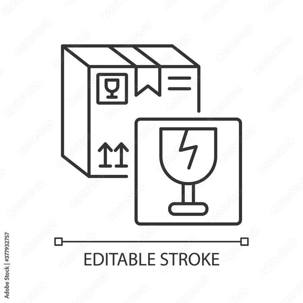 Fragile items linear icon. Breakable box content. Postal service thin line customizable illustration. Parcel with warning sign. Contour symbol. Vector isolated outline drawing. Editable stroke Fragile items linear icon. Breakable box content. Postal service thin line customizable illustration. Parcel with warning sign. Contour symbol. Vector isolated outline drawing. Editable stroke