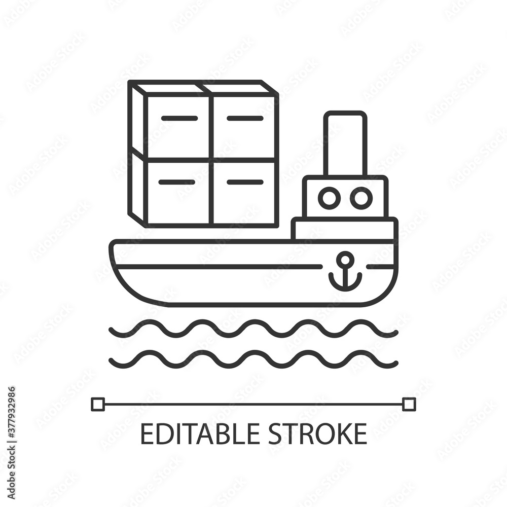 Shipping by sea linear icon. Commercial transportation. Distribution industry thin line customizable illustration. Shipment delivery. Contour symbol. Vector isolated outline drawing. Editable stroke Shipping by sea linear icon. Commercial transportation. Distribution industry thin line customizable illustration. Shipment delivery. Contour symbol. Vector isolated outline drawing. Editable stroke