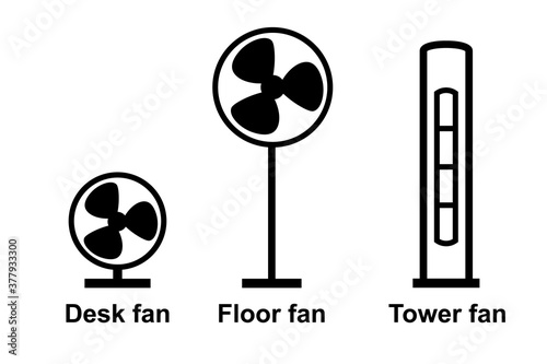 Desk Floor Tower fan icon set. Clipart image isolated on white background.